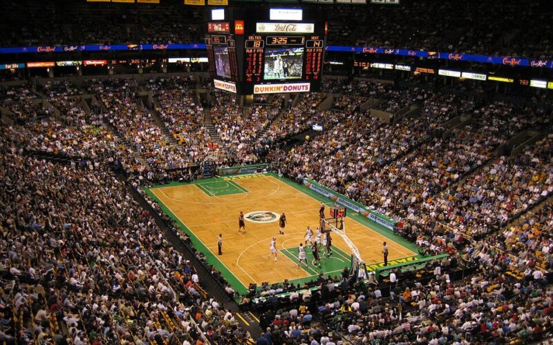 A high-angle view of an NBA game in progress between the Boston Celtics and Miami Heat at TD Garden.