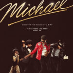 Official movie poster for the 2026 Michael biopic featuring Jaafar Jackson in a golden-hued recreation of the iconic Beat It red leather jacket.